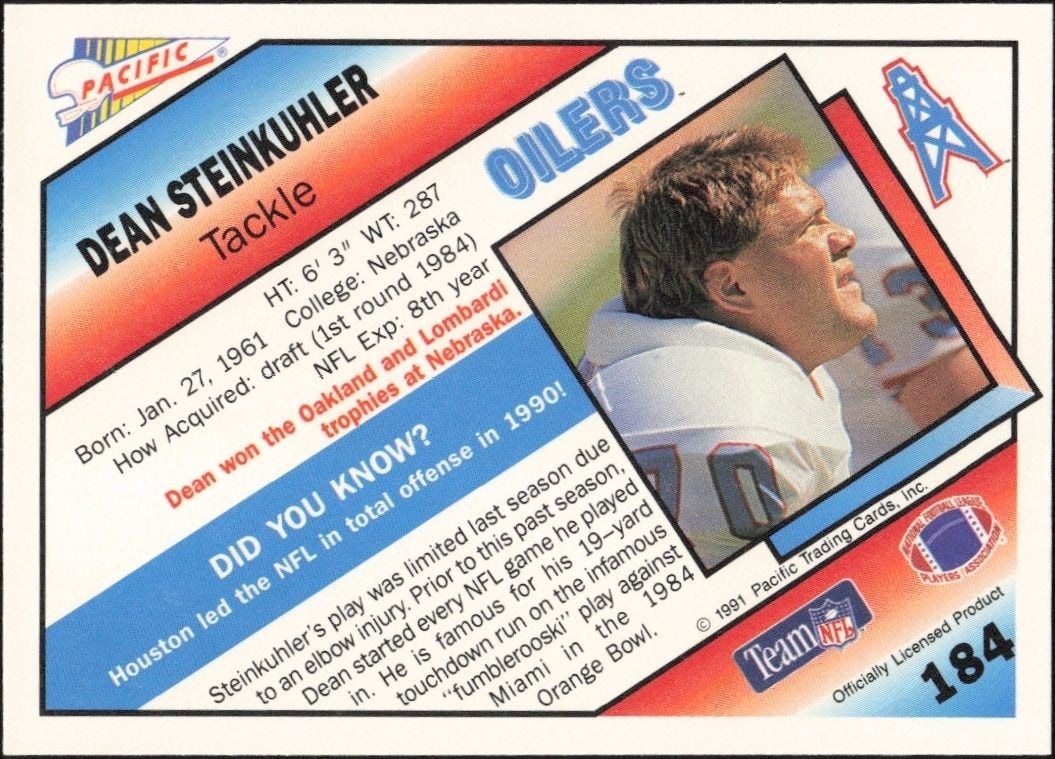 1991 Pacific Dean Steinkuhler #184 football trading card back