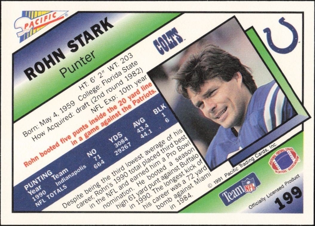1991 Pacific Rohn Stark #199 football trading card back
