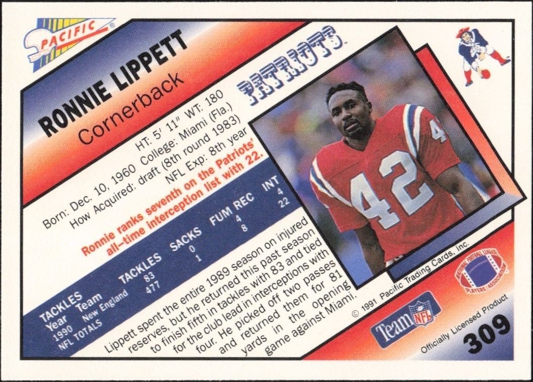 1991 Pacific Ronnie Lippett #309 football trading card back