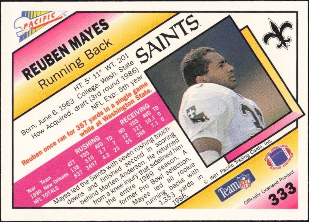 1991 Pacific Rueben Mayes #333 football trading card back