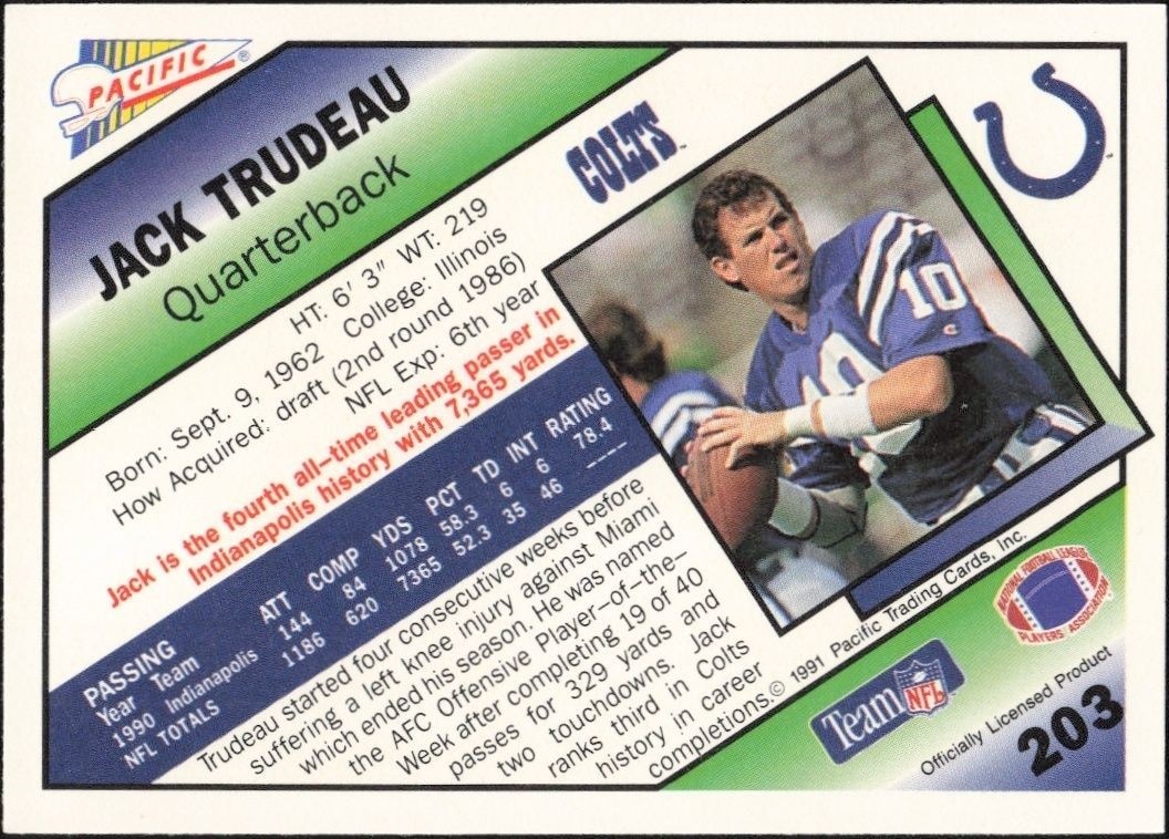 1991 Pacific Jack Trudeau #203 football trading card back