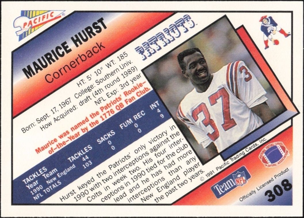 1991 Pacific Maurice Hurst #308 football trading card back