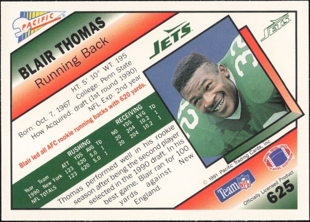 1991 Pacific Blair Thomas #625 football trading card back