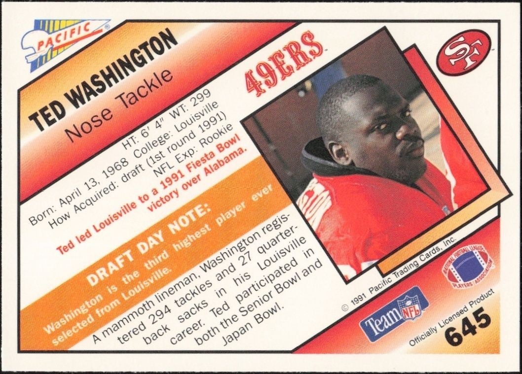 1991 Pacific Ted Washington #645 football trading card back