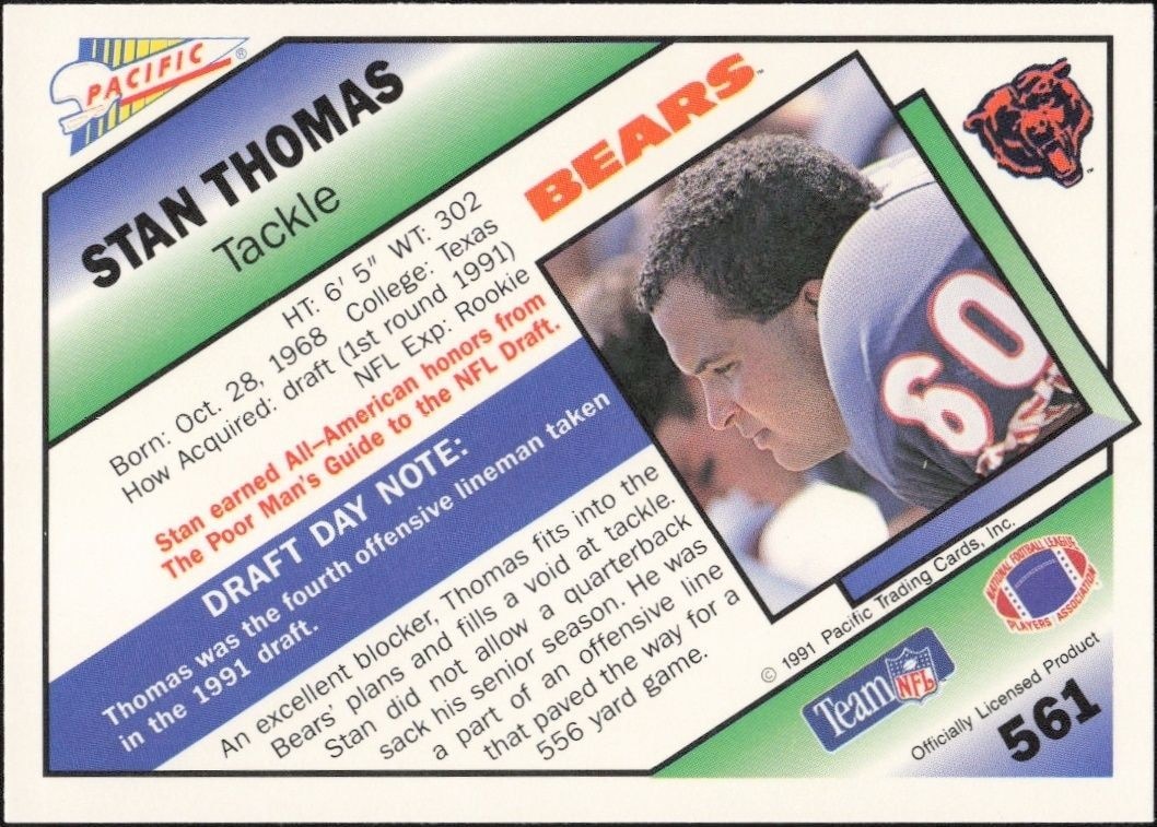1991 Pacific Stan Thomas #561 football trading card back