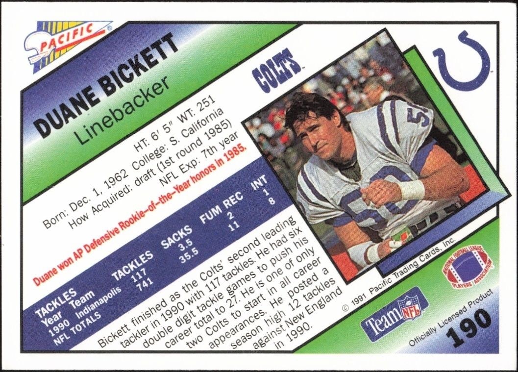 1991 Pacific Duane Bickett #190 football trading card back
