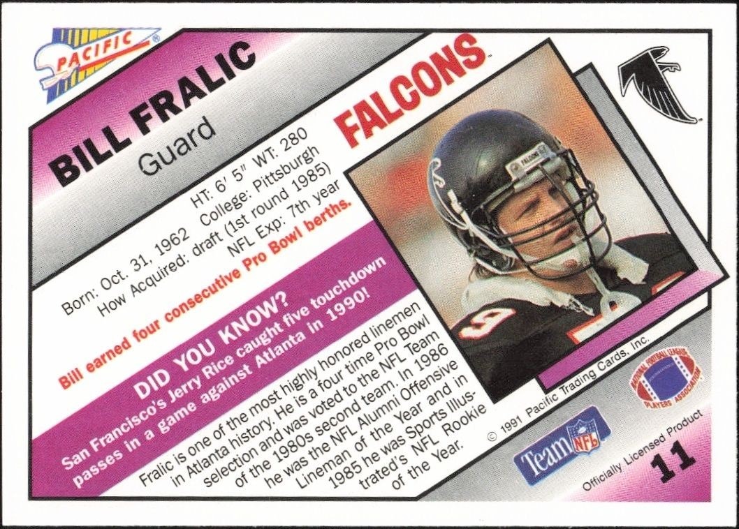 1991 Pacific Bill Fralic #11 football trading card back