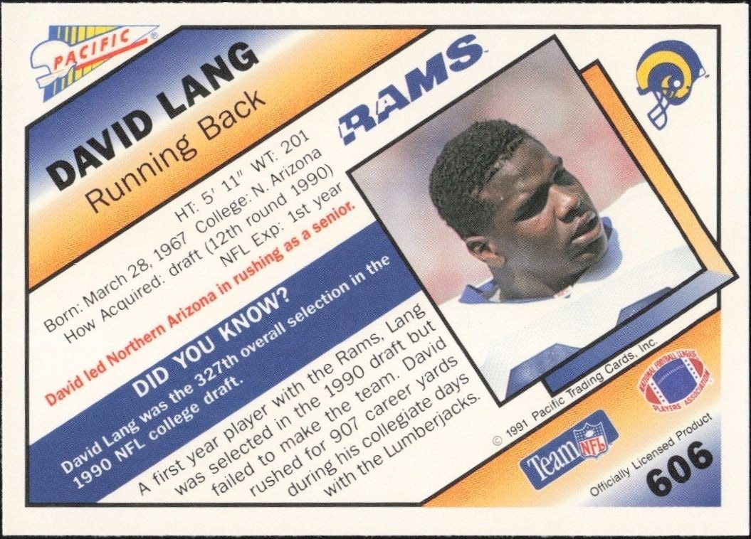 1991 Pacific David Lang #606 football trading card back