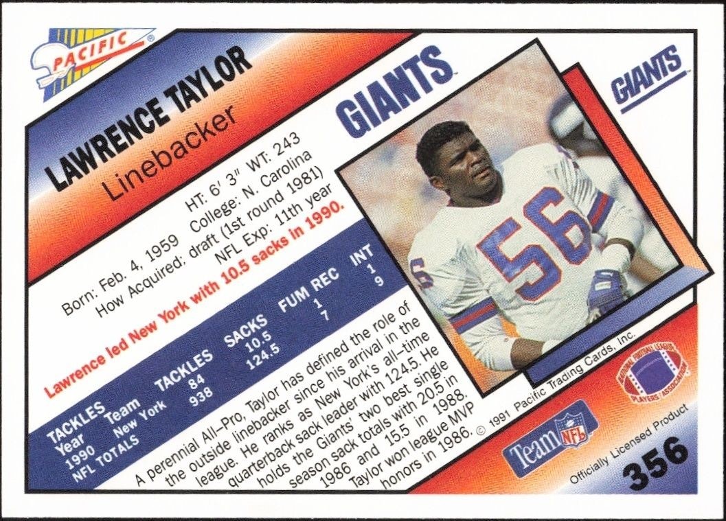 1991 Pacific Lawrence Taylor #356 football trading card back