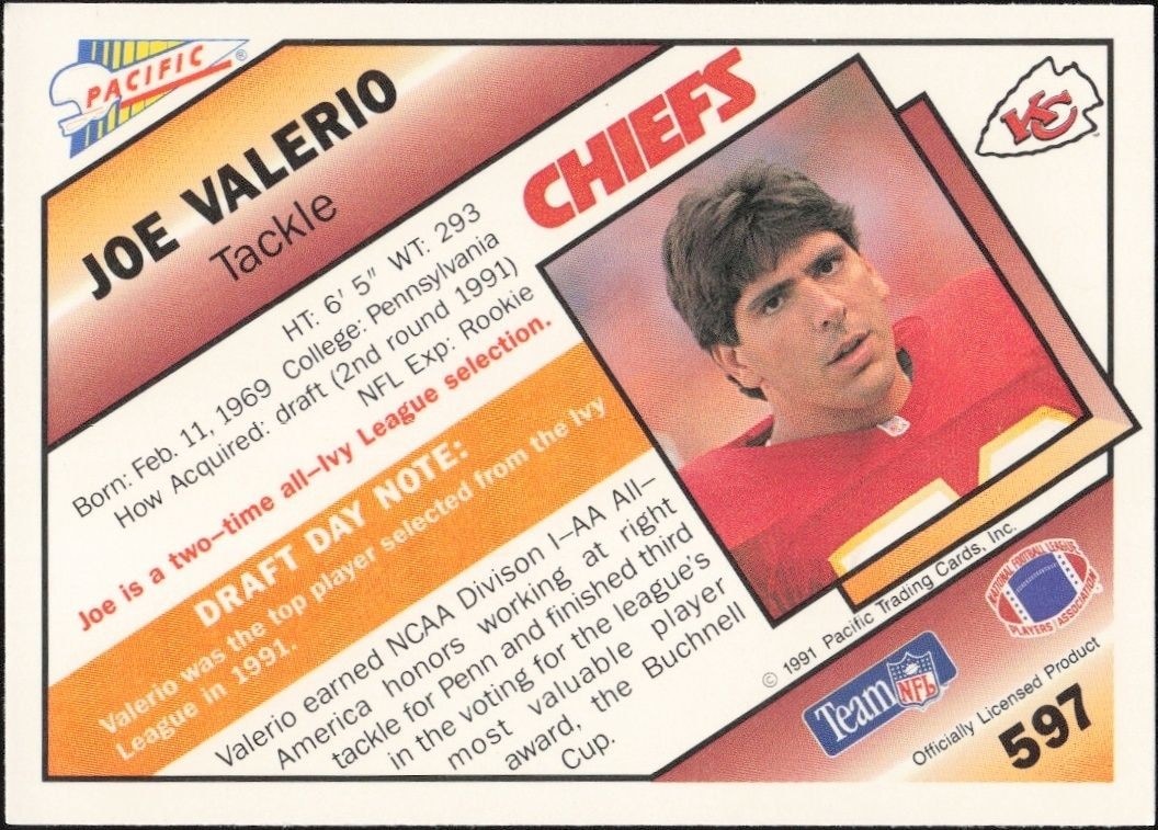 1991 Pacific Joe Valerio #597 football trading card back