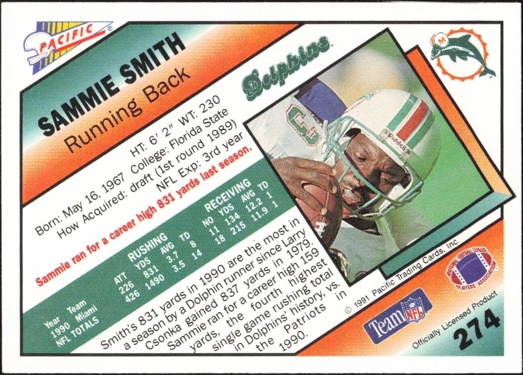 1991 Pacific Sammie Smith #274 football trading card back