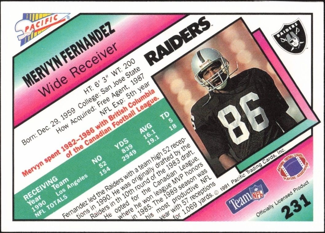 1991 Pacific Mervyn Fernandez #231 football trading card back