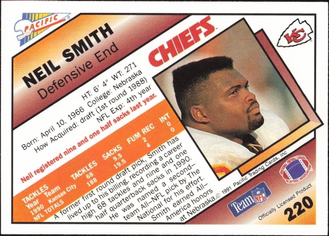 1991 Pacific Neil Smith #220 football trading card back
