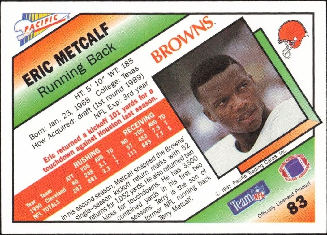 1991 Pacific Eric Metcalf #83 football trading card back