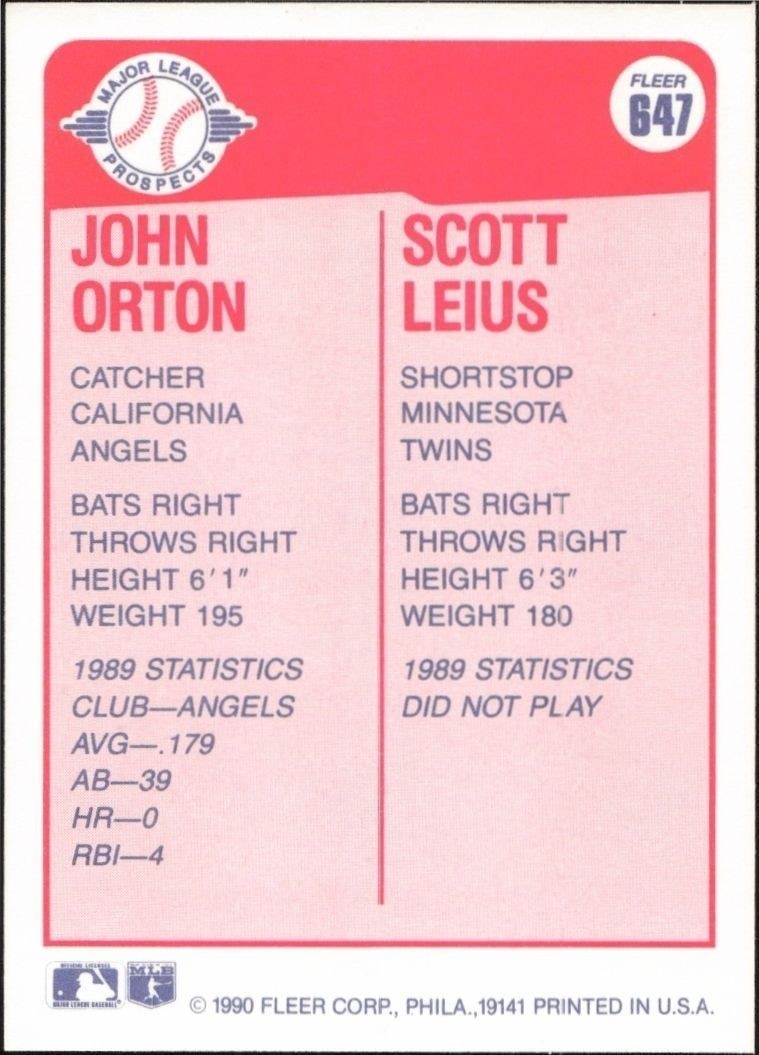 1990 Fleer John Orton #647 baseball trading card back