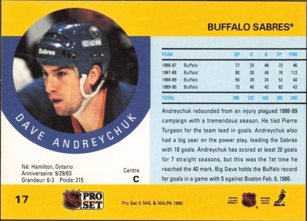 1990-91 Pro Set Dave Andreychuk #17 hockey trading card back