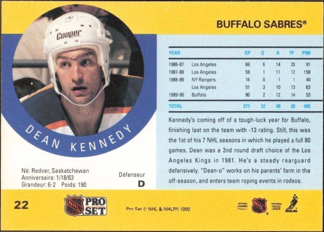 1990-91 Pro Set Dean Kennedy #22 hockey trading card back