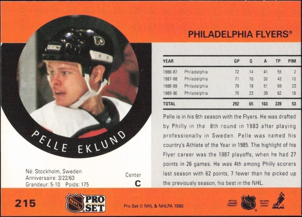 1990-91 Pro Set Pelle Eklund #215 hockey trading card back