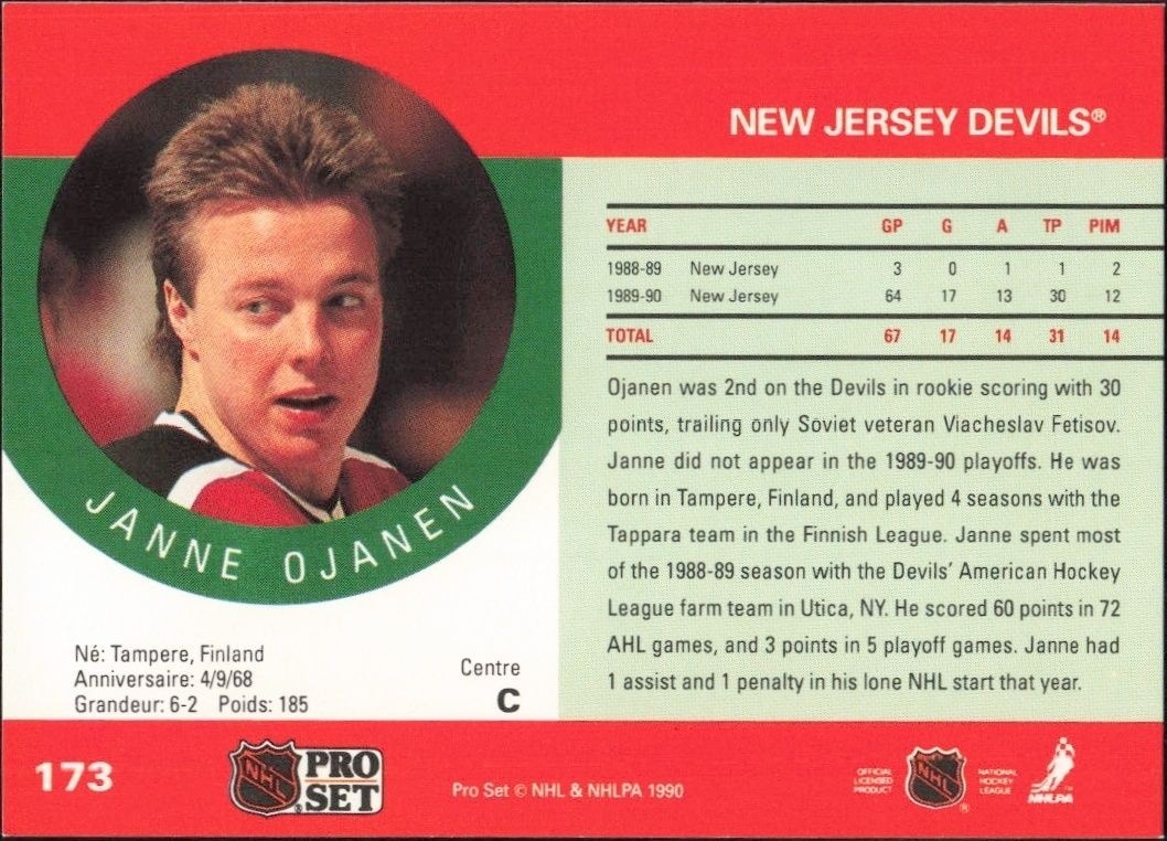 1990-91 Pro Set Janne Ojanen #173 hockey trading card back