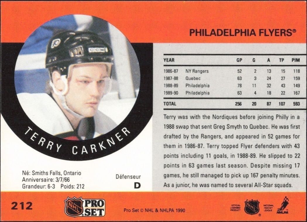 1990-91 Pro Set Terry Carkner #212 hockey trading card back