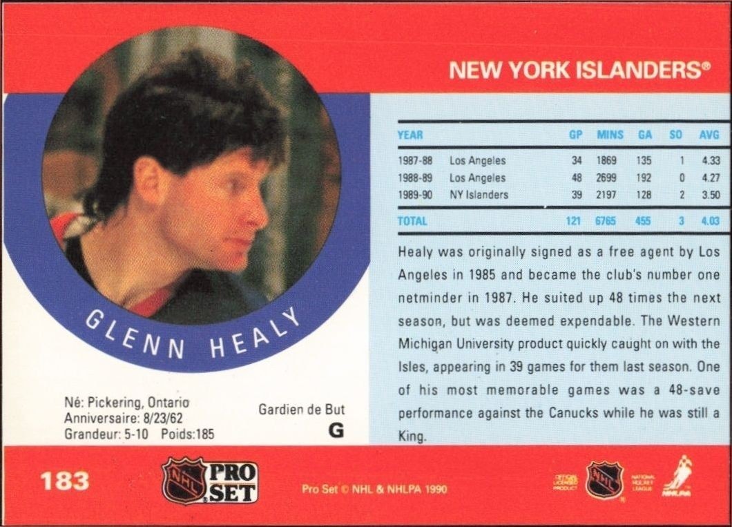 1990-91 Pro Set Glenn Healy #183 hockey trading card back