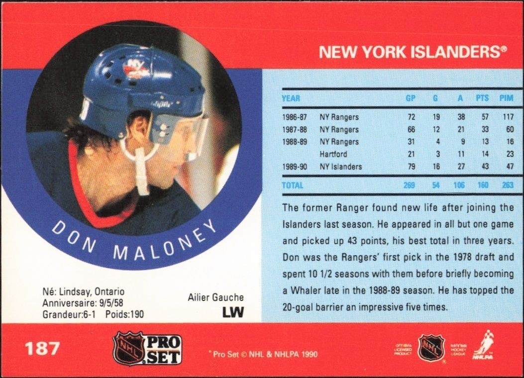 1990-91 Pro Set Don Maloney #187 hockey trading card back