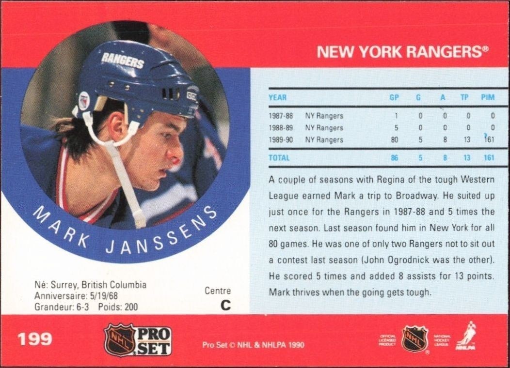 1990-91 Pro Set Mark Janssens #199 hockey trading card back