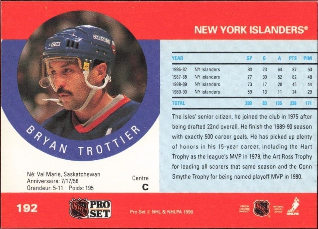 1990-91 Pro Set Bryan Trottier #192 hockey trading card back