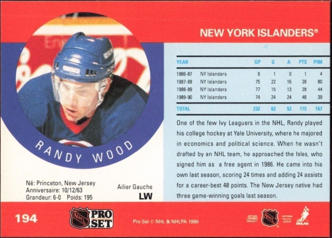 1990-91 Pro Set Randy Wood #194 hockey trading card back