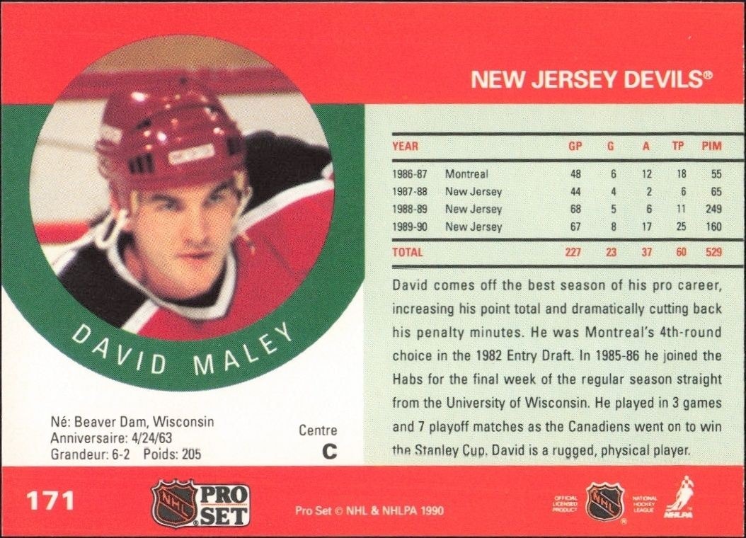 1990-91 Pro Set David Maley #171 hockey trading card back
