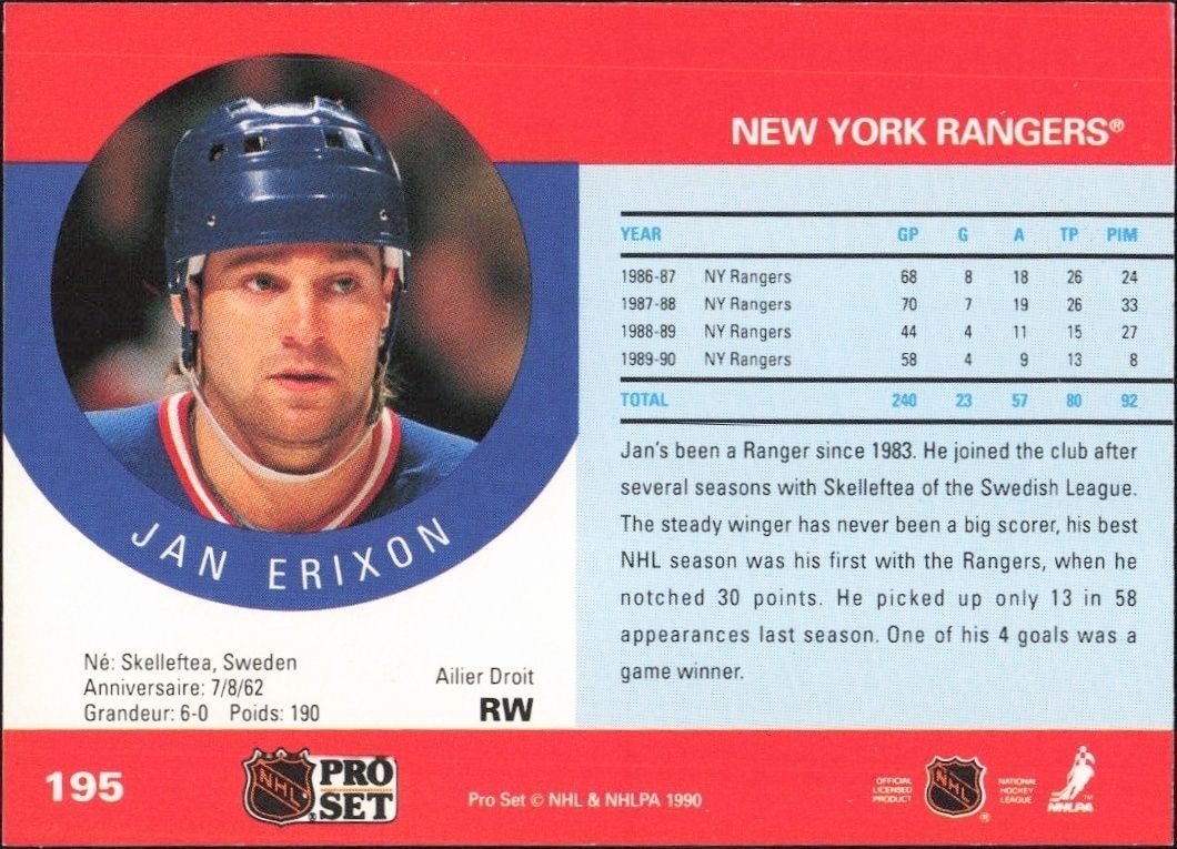 1990-91 Pro Set Jan Erixon #195 hockey trading card back
