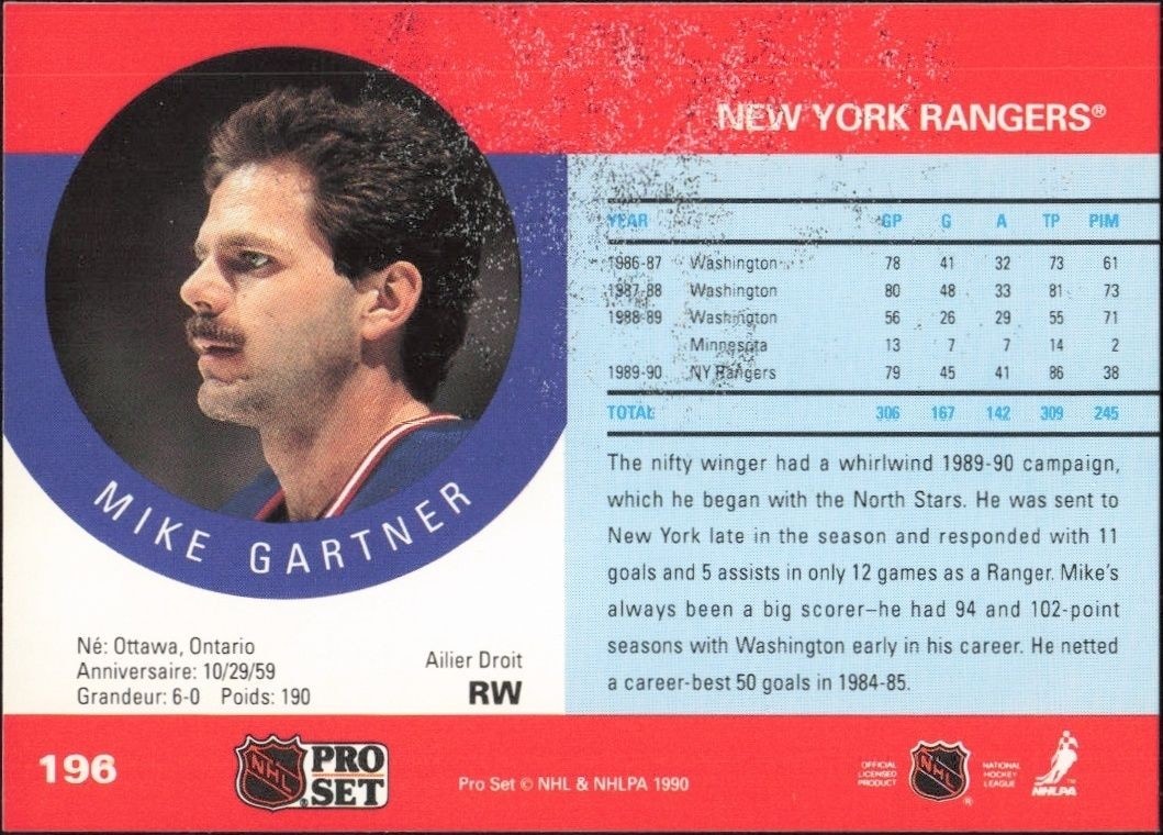 1990-91 Pro Set Mike Gartner #196 hockey trading card back