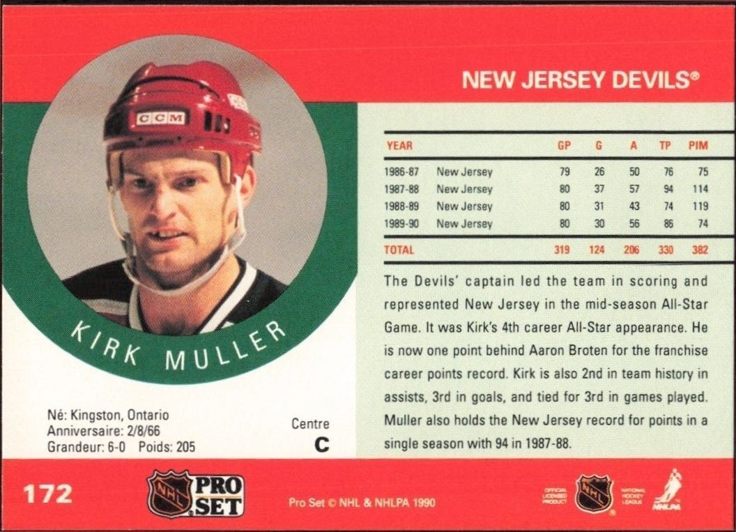 1990-91 Pro Set Kirk Muller #172 hockey trading card back