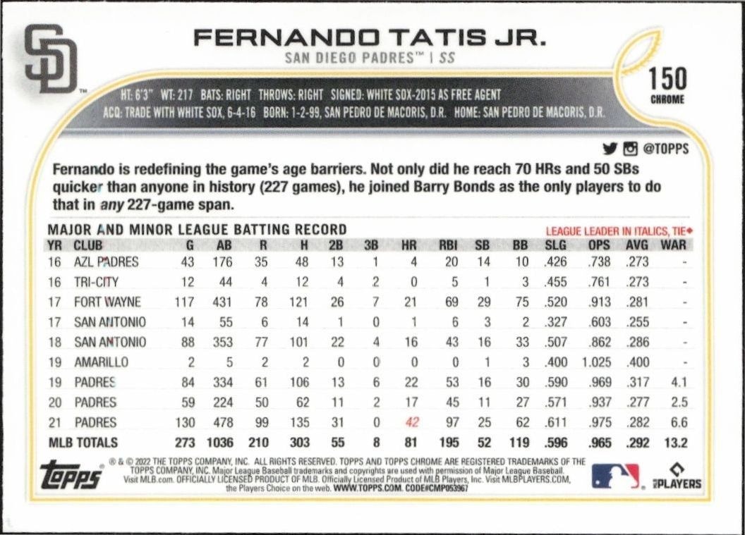 2022 Topps Chrome Fernando Tatis Jr. #150 baseball trading card back