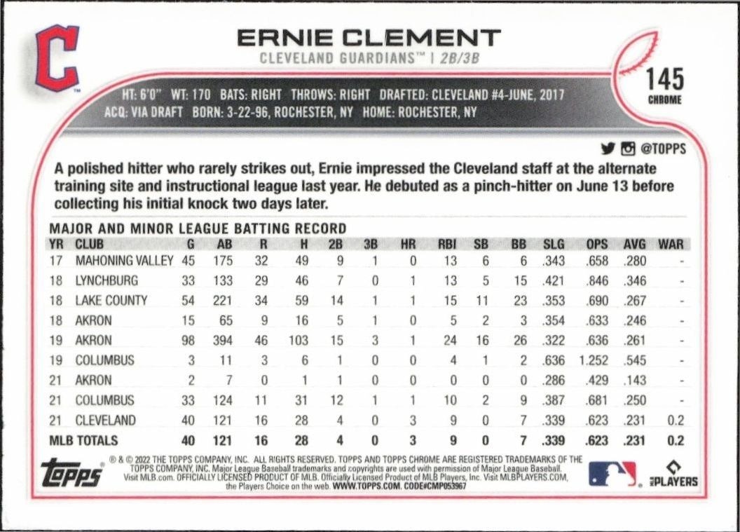 2022 Topps Chrome Ernie Clement #145 baseball trading card back