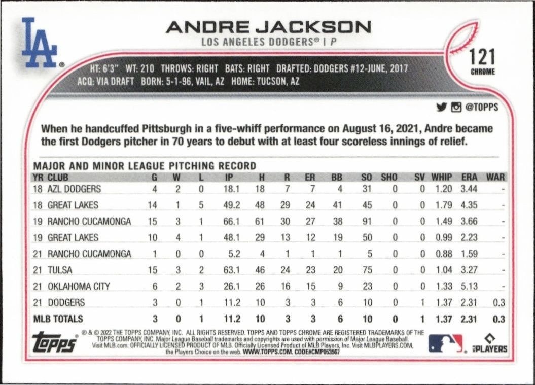 2022 Topps Chrome Andre Jackson #121 baseball trading card back