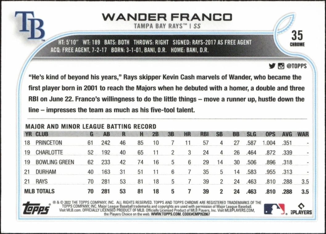 2022 Topps Chrome Wander Franco #35 baseball trading card back