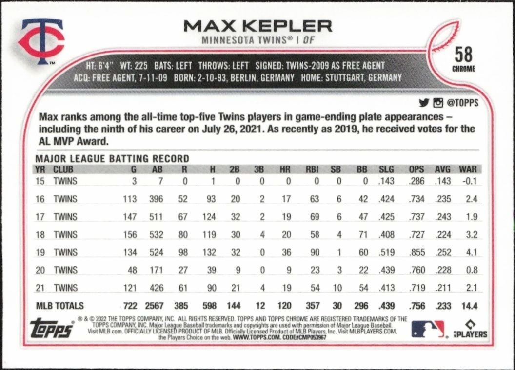2022 Topps Chrome Max Kepler #58 baseball trading card back