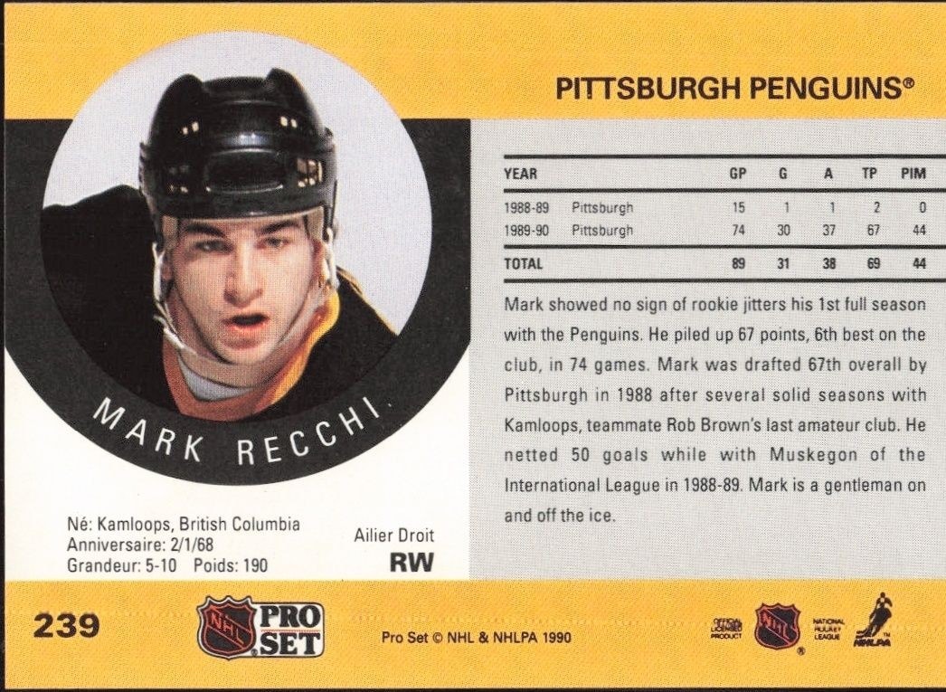 1990-91 Pro Set Mark Recchi #239 hockey trading card back