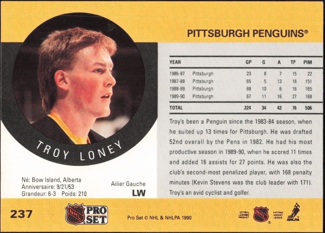 1990-91 Pro Set Troy Loney #237 hockey trading card back