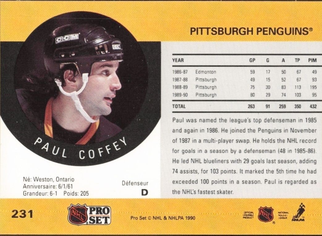 1990-91 Pro Set Paul Coffey #231 hockey trading card back