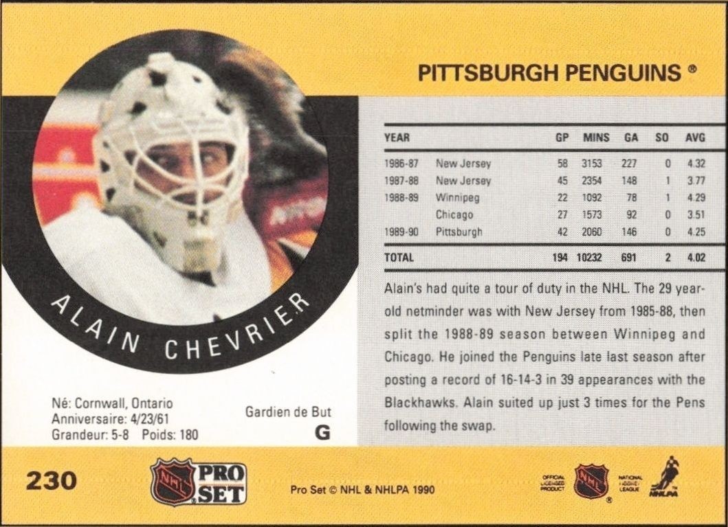 1990-91 Pro Set Alain Chevrier #230 hockey trading card back