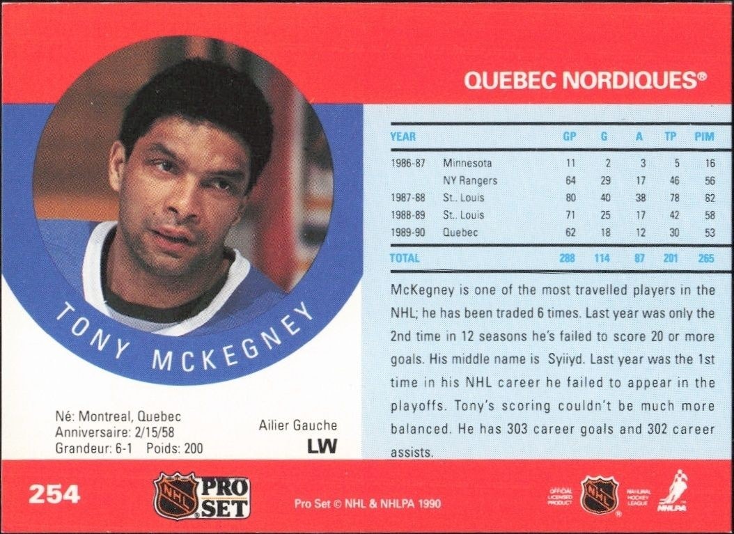 1990-91 Pro Set Tony McKegney #254 hockey trading card back