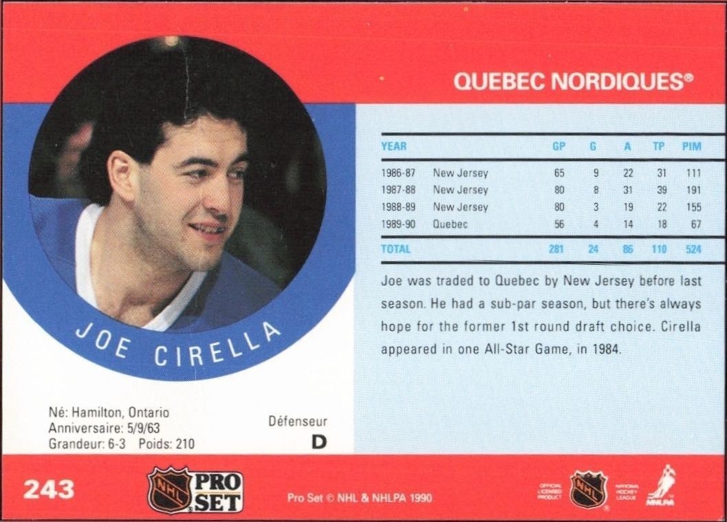1990-91 Pro Set Joe Cirella #243 hockey trading card back