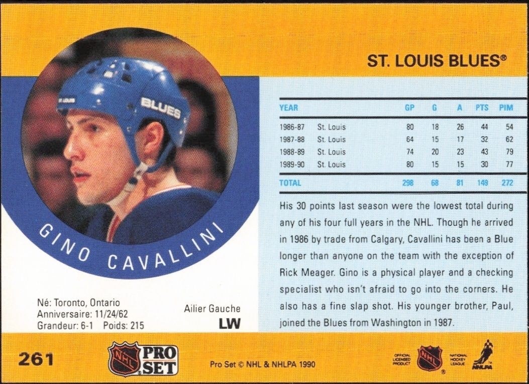1990-91 Pro Set Gino Cavallini #261 hockey trading card back