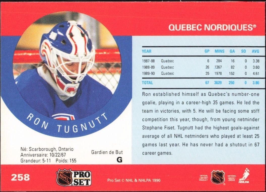 1990-91 Pro Set Ron Tugnutt #258 hockey trading card back