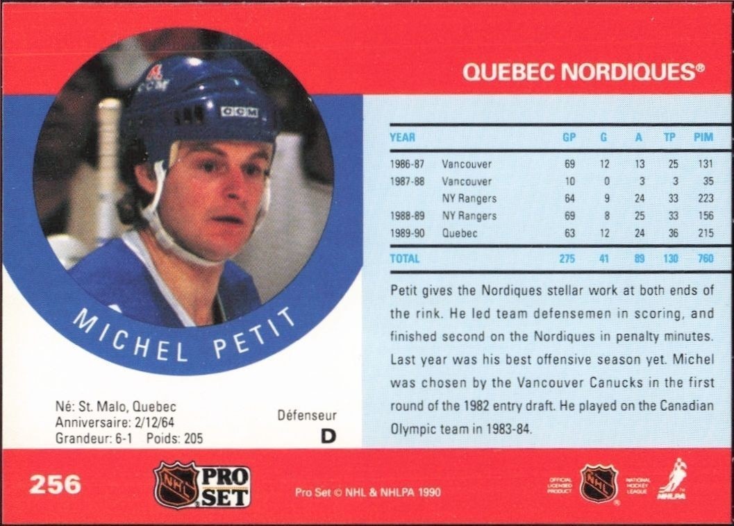 1990-91 Pro Set Michel Petit #256 hockey trading card back