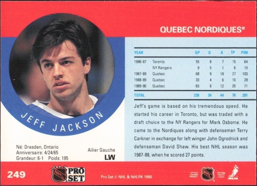 1990-91 Pro Set Jeff Jackson #249 hockey trading card back