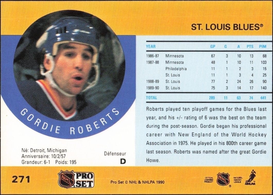 1990-91 Pro Set Gordie Roberts #271 hockey trading card back