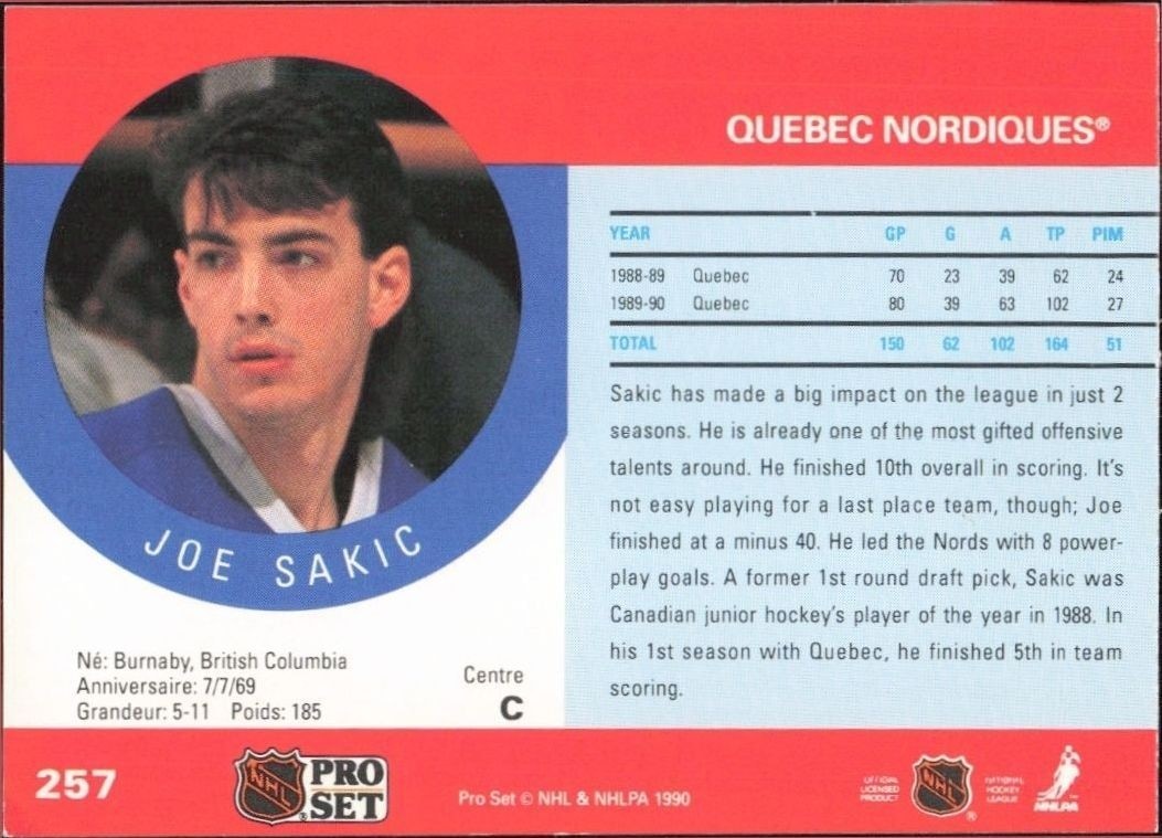 1990-91 Pro Set Joe Sakic #257 hockey trading card back